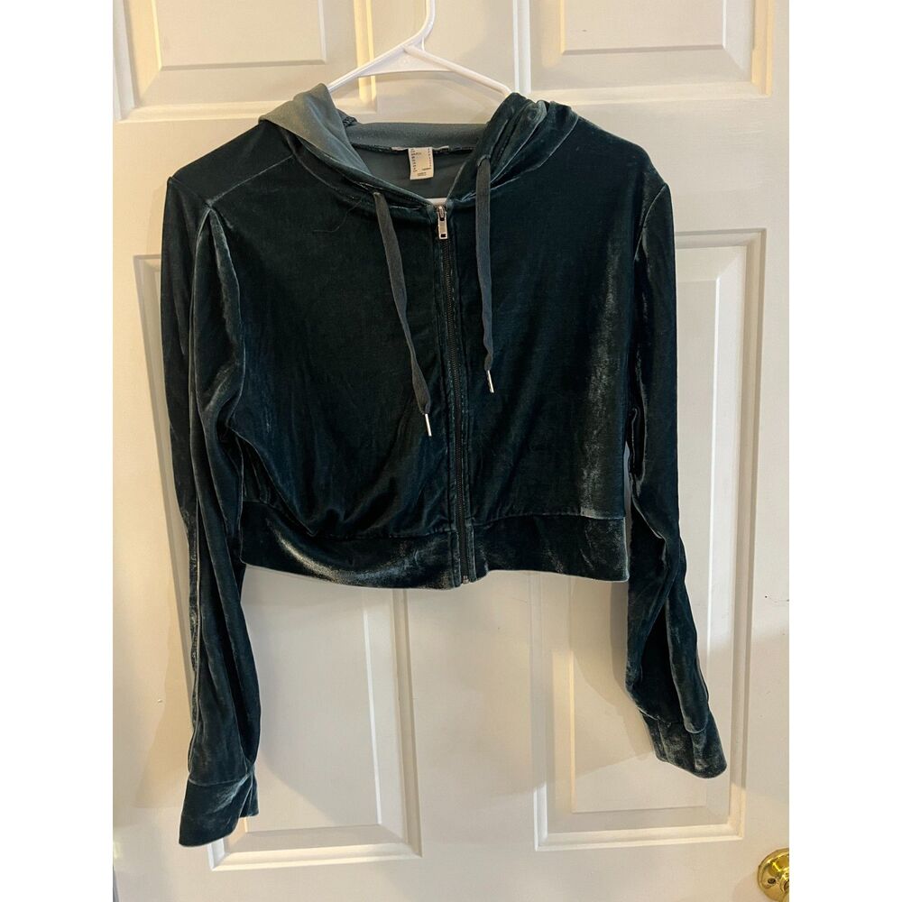 Forever 21 Dark Green Velvet Cropped Zip Up Hoodie Sweatshirt Womens S Winter